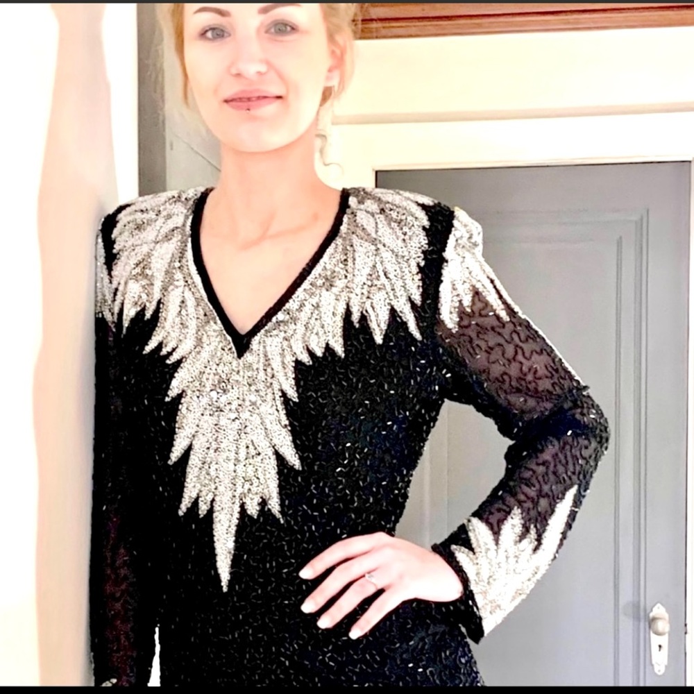 Vintage Oleg Cassini BLACK TIE  Formal SILK Gown Occasion Event Evening Sequined - Picture 7 of 16